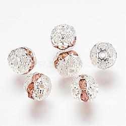 Brass Rhinestone Beads, Grade A, Silver Color Plated, Round, Light Peach, 8mm, Hole: 1mm(RB-A011-8mm-25S)