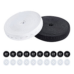DIY Clothing Adjust Elastic Kits, with Resin Buttons, Flat Elastic Cord/Bands with Buttonhole, Black & White, 20mm, about 10m/roll, 2rolls/set(DIY-NB0003-34)