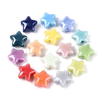 Handmade Porcelain Beads, Bright Glazed Porcelain, Star, Mixed Color, 12.5~13.5x14~14.5x7.5~8mm, Hole: 2~2.5mm