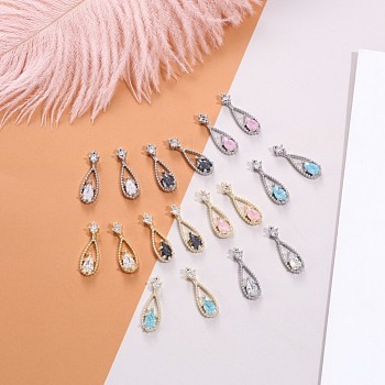 Chinese lute Shape Brass Micro Pave Clear Cubic Zirconia Nail Gems Set, with Glass, FlatBack Nail Art Studs, for Nail Art Craft, Mixed Color, Mixed Color, 16x5.5x3mm