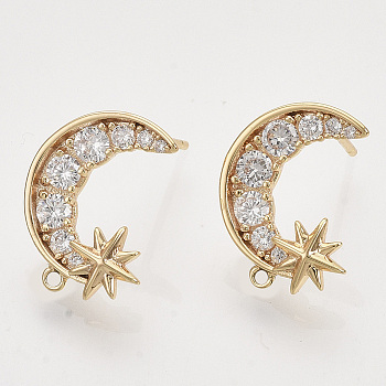 Brass Micro Pave Clear Cubic Zirconia Stud Earring Findings, with Loop, Nickel Free, Moon with Star, Real 18K Gold Plated, 16x13mm, Hole: 1mm, Pin: 0.9mm