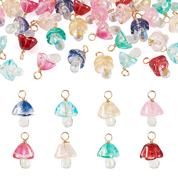 32Pcs 8 Style Glass Pendants, with Copper Wire, Mushroom, Golden, Mixed Color, 19.7mm, Hole: 2.6mm, 4pcs/style