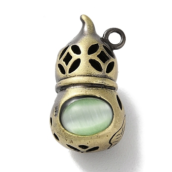 Brass Pendants, with Cat Eye, Cadmium Free & Lead Free, Gourd, Honeydew, 23x12.5x11.5mm, Hole: 1.8mm