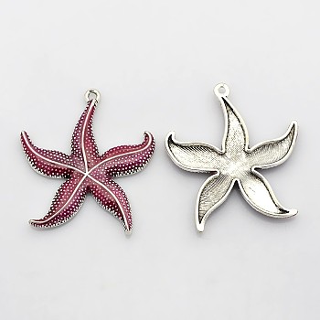Antique Silver Tone Alloy Enamel Big Pendants, Starfish/Sea Stars, Camellia, 50x43x4.5mm, Hole: 3mm