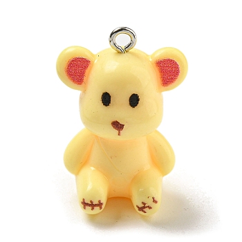 10Pcs Opaque Resin Pendants, Bear Charms with Platinum Plated Iron Loops, Champagne Yellow, 27.5x19x16.5mm, Hole: 2mm