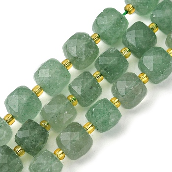 Natural Green Strawberry Quartz Beads Strands, with Seed Beads, Faceted Cube, 8~9x8~9x8~9mm, Hole: 0.9~1mm, about 35~39pcs/strand, 14.80''~15.16''(37.6~38.5cm)