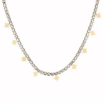 Stainless Steel Star Charms Bib Necklaces, with Cubic Zirconia Tennis Chains, Golden, 14.76 inch(37.5cm)
