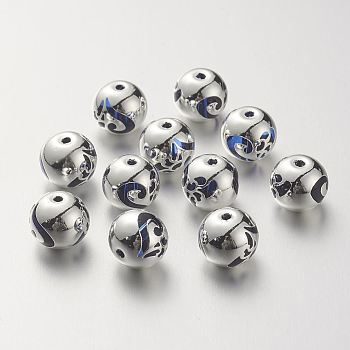 K9 Glass Beads, Covered with Brass, Round with Heart Pattern, 925 Sterling Silver Plated, Medium Blue, 10.2x9.2mm, Hole: 1.5mm