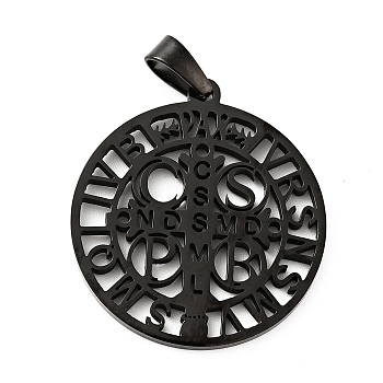 201 Stainless Steel Pendant, Saint Benedict Medal, with Word CssmlNdsmd, Electrophoresis Black, 32.5x29.5x1.7mm, Hole: 7x4mm