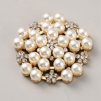 Flower Alloy Rhinestone Cabochons, with Plastic Imitation Pearl, Light Gold, 32~32.5x7.5mm