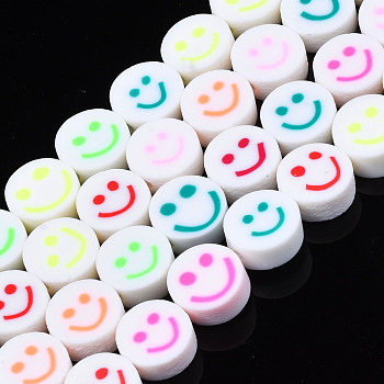 Handmade Polymer Clay Bead Strands, Flat Round with Smiling Face, Mixed Color, 9.5~10x4~5mm, Hole: 1.6mm, about 40pcs/strand, 15.63 inch~15.94 inch(39.7~40.5cm)