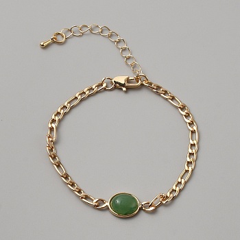 Natural Green Aventurine Oval Link Bracelet with Alloy Chains for Women, Golden, 6-3/4 inch(17.3cm)