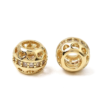 Brass Micro Pave Clear Cubic Zirconia European Beads, Large Hole Beads, Rack Plating, Long-Lasting Plated, Cadmium Free & Lead Free, Round with Heart, Real 18K Gold Plated, 8x6.5mm, Hole: 4mm