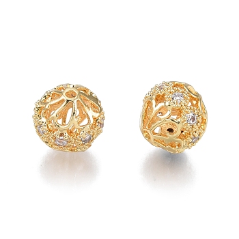 Brass Pave Clear Cubic Zirconia Beads, Nickel Free, Round with Flower, Real 18K Gold Plated, 8mm, Hole: 1mm