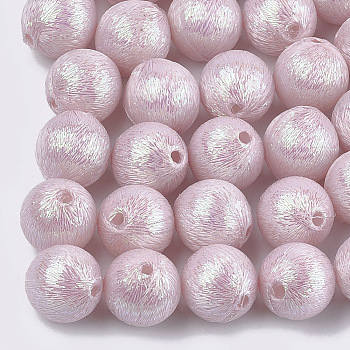 Polyester Thread Fabric Covered Beads, with ABS Plastic Inside, Round, Pink, 18x19mm, Hole: 2mm