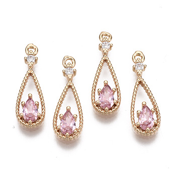 Brass Micro Pave Cubic Zirconia Pendants, with Glass, Teardrop, Long-Lasting Plated, Light Gold, Pink, 17.5x6x2.5mm, Hole: 1mm