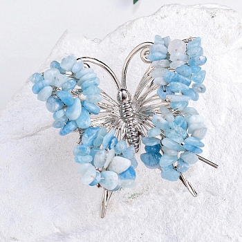 Raw Natural Aquamarine Chip Mineral Specimen Display Decorations, with Butterfly Metal Holder, for Home Desktop Feng Shui Ornament, 65x75mm