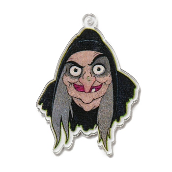 Transparent Printed Acrylic Pendants, Witch, 41.5x29.5x1.5mm, Hole: 1.5mm