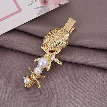 Shell & Starfish Alloy Alligator Hair Clips, with Plastic Imitation Pearl, for Women Girl, Golden, 63mm