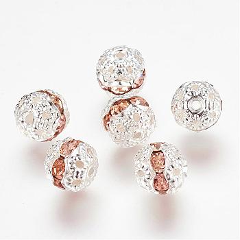 Brass Rhinestone Beads, Grade A, Silver Color Plated, Round, Light Peach, 8mm, Hole: 1mm