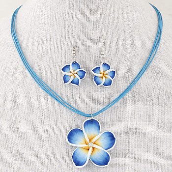 Flower Polymer Clay with Wax Cord Pendant Necklaces & Dangle Earrings Sets, Steel Blue, 400mm