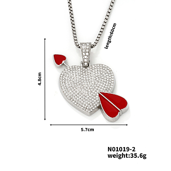 Alloy Crystal Rhinestone Heart Cupid Arrow Pendant Necklaces for Fashionable Couples, Platinum, 23.62 inch(60cm)