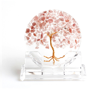 Resin Tree of Life Home Display Decorations, with Natural Strawberry Quartz Chips Inside Ornaments, 130x110mm