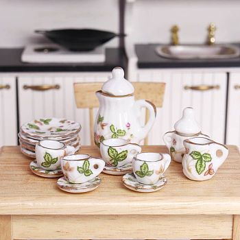 Mini Ceramic Tea Sets, including Cup, Teapot, Saucer, Micro Landscape Garden Dollhouse Accessories, Pretending Prop Decorations, Leaf, 13~27mm, 15pcs/set