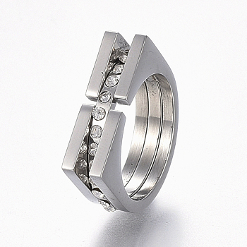 304 Stainless Steel Wide Band Finger Rings, with Rhinestone, Size 6~9, Stainless Steel Color, 16~19mm