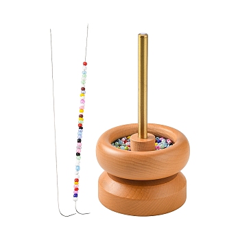 Wooden Manual Seed Bead Spinner Holder, Speedy Bead Loader, with 2Pcs Iron Curved Beading Needle, for Stringing Beads Quickly, BurlyWood, 9.85x15cm, Needle: 19x0.05cm
