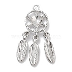 Rack Plating Alloy Rhinestone Pendants, Lead Free & Cadmium Free & Nickel Free, Woven Net/Web with Feather, Heart, Crystal, Platinum, 34x13x4mm, Hole: 2mm(PALLOY-F311-19P-01)