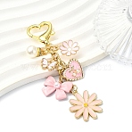Alloy Enamel Pendant Decorations, Daisy & Butterfly & Heart & Bowknot, with 304 Stainless Steel Chain and Brass Lobster Claw Clasps, Pink, 103mm(HJEW-YW00429-04)