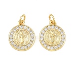 Religion Brass Micro Pave Clear Cubic Zirconia Pendants, Flat Round with Saint Benedict Charms, Real 16K Gold Plated, 14.5x12x2mm, Hole: 3mm(CU-CBA9482-01G-04)