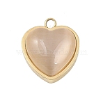 303 Stainless Steel Pave Cat Eye Pendants, Heart Charm, Gold, Ion Plating(IP), Long-Lasting Plated, White, 14x11.5x5mm, Hole: 1.8mm(STAS-K325-06G-02)