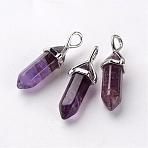 Bullet Natural Amethyst Pointed Pendants, with Platinum Tone Random Alloy Pendant Hexagon Bead Cap Bails, 27~31x10x8mm, Hole: 4x3mm(G-E332-A01)