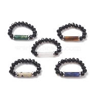 Natural & Synthetic Mixed Gemstone & Glass Column Beaded Stretch Ring for Women, US Size 6(16.5mm)(RJEW-JR00563)
