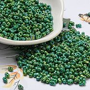 Glass Seed Beads, Opaque Colours Rainbow, Peanut, Dark Green, 4x2x2mm, Hole: 0.8mm, about 10975pcs/pound(SEED-K009-09A-01)