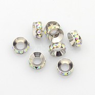 Brass Rhinestone Spacer Beads, Grade A, Rondelle, Platinum Metal Color, Crystal AB, 7x3.3mm, Hole: 3.5mm(RB-A020-7mm-28P)