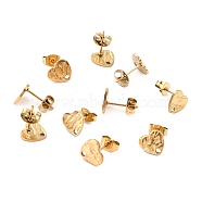 Ion Plating(IP) 304 Stainless Steel Stud Earring Findings, with Ear Nuts, Textured Heart, Real 18K Gold Plated, 12x9mm, Hole: 1.4mm, Pin: 0.7mm(STAS-I183-05A-G)