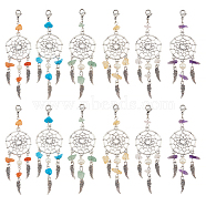 24Pcs 6 Style Gemstone Chip Pendant Decoration, Alloy Woven Net/Web with Wing Hanging Ornament, with Natural Cultured Freshwater Pearl, 304 Stainless Steel Lobster Claw Clasps, 98~100mm, 4pcs/style(HJEW-NB0001-67)