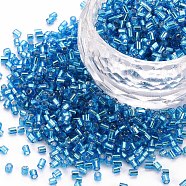 Glass Bugle Beads, Silver Lined, Dodger Blue, 1.8~2.2x1.8~2mm, Hole: 0.8~0.9mm, about 15000pcs/pound(SEED-S032-08A-23B)