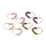 Heart Glass Seed Beaded Hoop Earrings for Girl Women, with 304 Stainless Steel Ear Wire, Golden, Mixed Color, 45x37x8mm, Pin: 1mm(EJEW-JE04613)