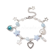 Alloy Heart & Star Charm Bracelet with ABS Plastic Imitation Pearl Beaded for Women, Light Sky Blue, 6-7/8 inch(17.4cm)(BJEW-JB09309)