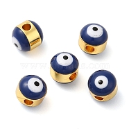 Brass Enamel Beads, Cadmium Free & Lead Free, Long-Lasting Plated, Golden, Rondelle with Evil Eye, Prussian Blue, 6x7mm, Hole: 1.8mm(KK-E048-02G-05)
