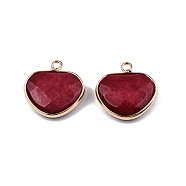 Natural White Jade Pendants, with Light Gold Plated Tone Brass Edge, Dyed & Heated, Faceted Heart Charm, Dark Red, 22x22x6mm, Hole: 2mm(G-N326-145B)