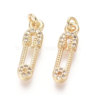 Brass Pendants, with Clear Cubic Zirconia and Jump Rings, Safety Pin Shape, Golden, 17.5x5x2mm, Hole: 2mm(ZIRC-L087-016G)