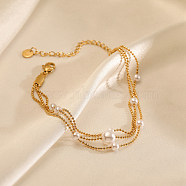 304 Stainless Steel Ball Chains Bracelets, with Plastic Imitation Pearl Beads, Real 18K Gold Plated, 7-1/8 inch(18.2cm)(BJEW-P343-03G)