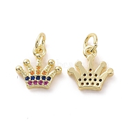 Brass Micro Pave Cubic Zirconia Charms, with Jump Rings, Crown Charm, Real 18K Gold Plated, 11x11x2.3mm, Hole: 3.2mm(KK-E068-VF162)