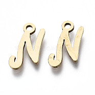 201 Stainless Steel Charms, Laser Cut, Alphabet, Golden, Letter.N, 12.5x6.5x1mm, Hole: 1.4mm(STAS-T044-217G-N)