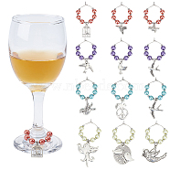 Bird Tibetan Style Alloy Wine Glass Charms, with Brass Hoop Earring Findings and Glass Pearl & Brass Bead, Mixed Color, 42~67mm, 12 style, 2pcs/style, 24pcs/set(AJEW-AB00067)